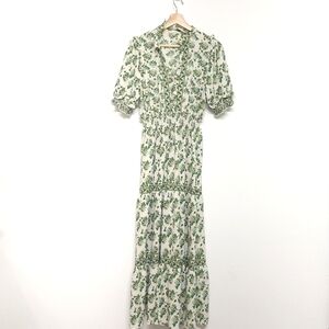 Beautiful Max Studio Green and White V-Neck Puff Sleeve Maxi Dress